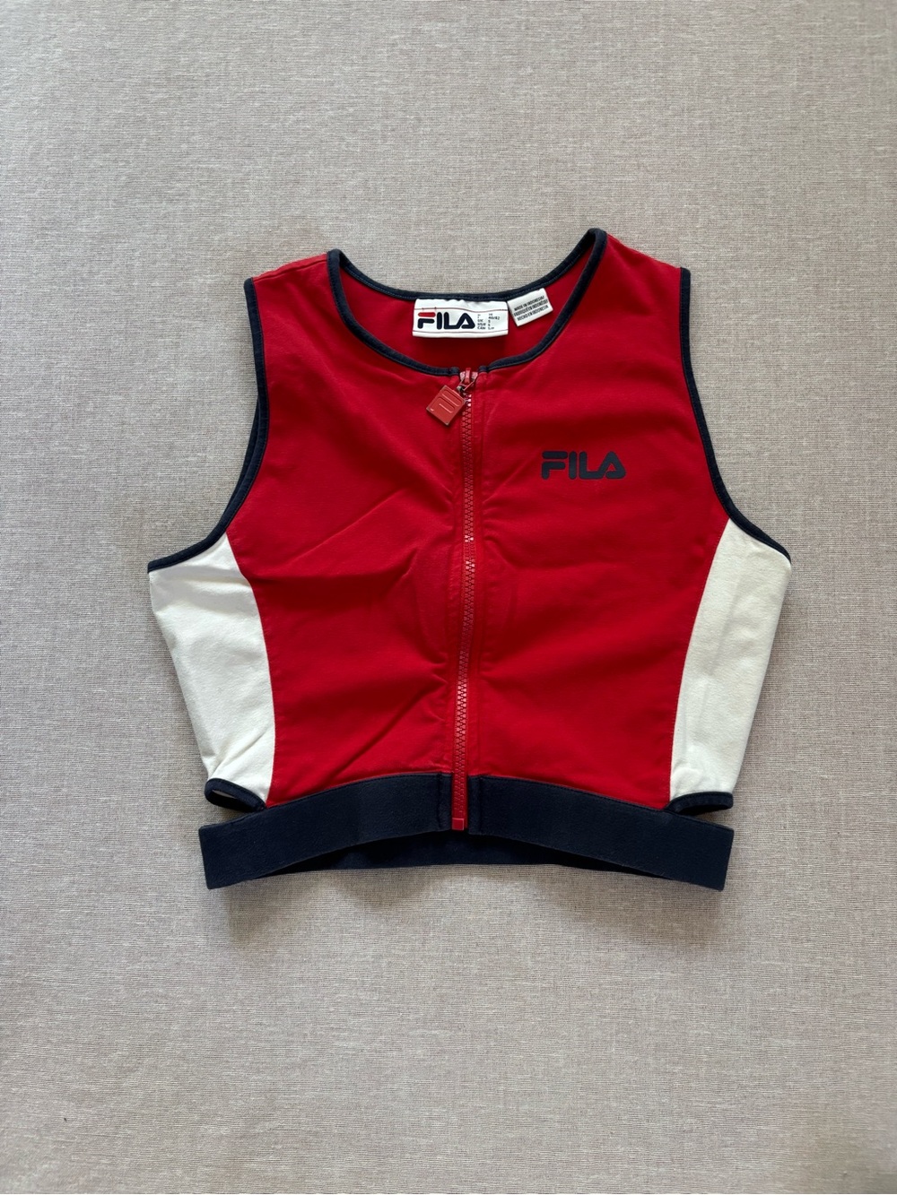 Fila Red and White Zip-Front Sport Crop Top with Navy Trim
